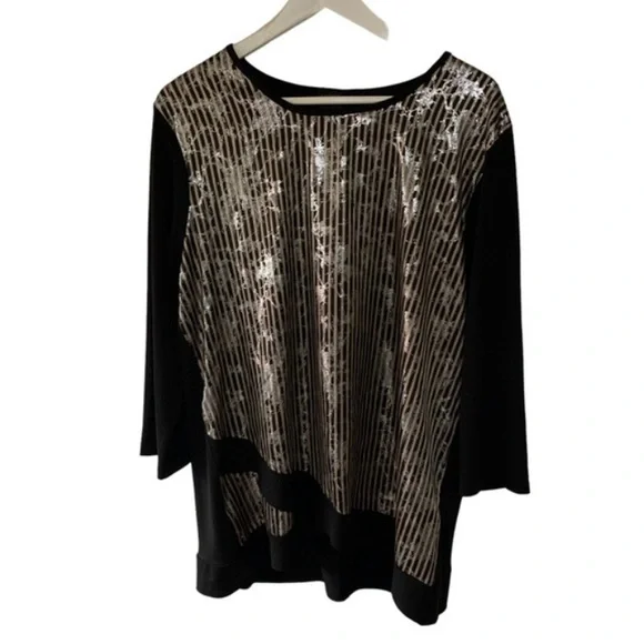 Vintage 90s Shimmery Silver Tone and Black Blouse Y2K Disco Retro Chic Eclectic - Picture 9 of 9